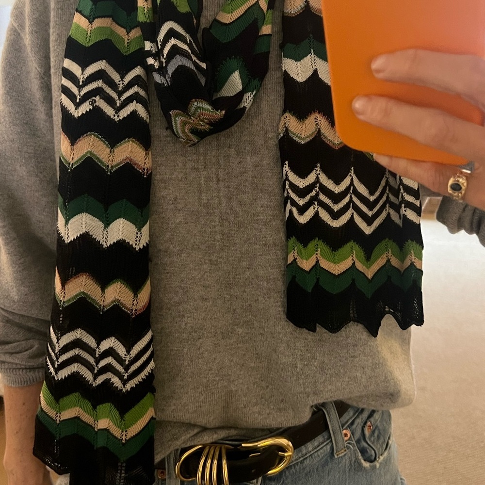 Missoni Scarf Black pink, white and green traditional zip zag print.
